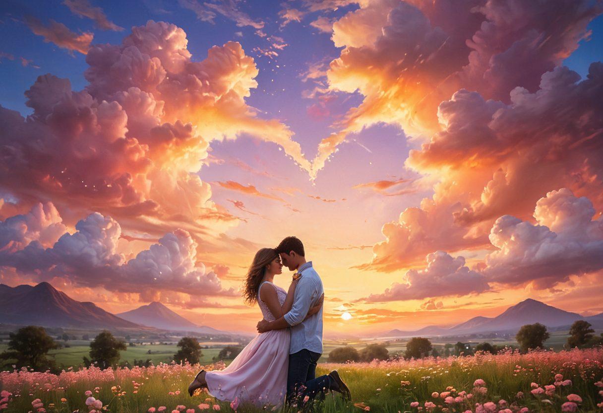 A romantic scene depicting two people in a gentle embrace, surrounded by soft heart-shaped clouds floating in a brilliant sunset sky. The background features a serene landscape with blooming flowers and twinkling fairy lights, symbolizing affection and emotional connections. The couple's expressions should radiate love and warmth, with subtle gestures that embody passion. whimsical art style. warm pastel colors. soft focus.