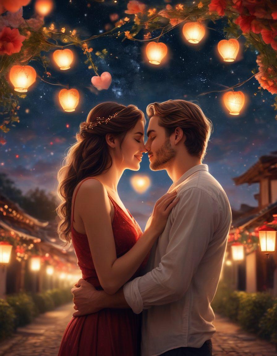 A beautiful couple sharing a tender moment under a starlit sky, intertwined fingers and soft smiles, surrounded by symbolic elements representing devotion such as hearts, glowing lanterns, and intertwined vines. The background should be dreamy, with warm and vibrant colors that evoke feelings of passion and connection. super-realistic. vibrant colors. night sky.