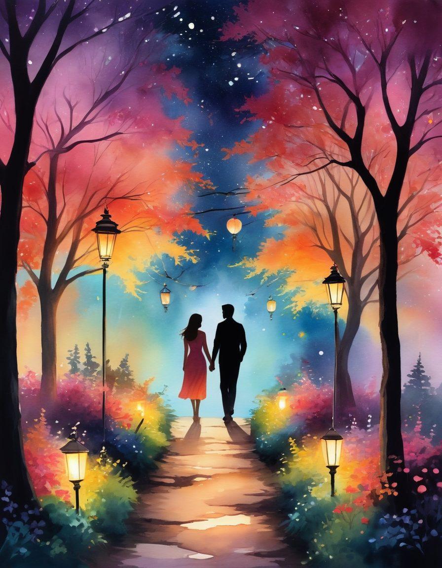 An enchanting pathway leading through a serene garden adorned with glowing lanterns, symbolizing the journey of love. Alongside the path, silhouette couples engage in intimate conversations under a starlit sky, representing growth and connection. Soft, warm colors emit from the surroundings, evoking feelings of warmth and affection. Include romantic elements like hearts and flowers subtly integrated into the scene. watercolor painting. vibrant colors. dreamy background.